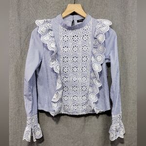 Romeo & Juliet Couture Ruffle Eyelet Babydoll Top Women's S Blue White Retro 90s